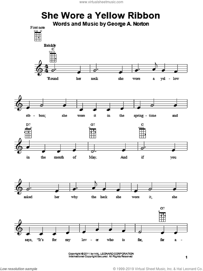 She Wore A Yellow Ribbon sheet music for ukulele by George A. Norton, intermediate skill level