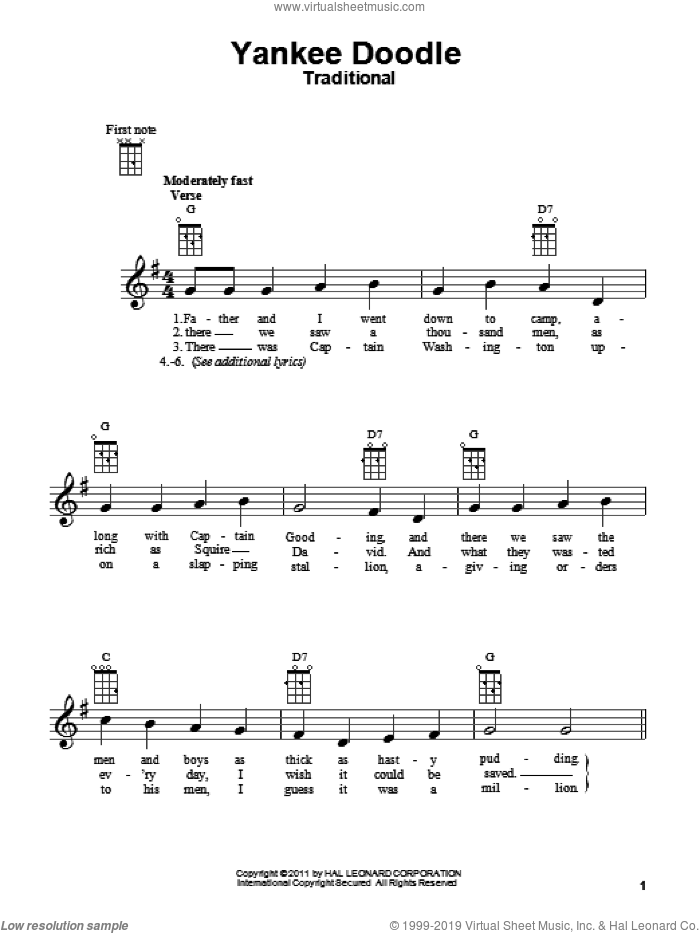 Yankee Doodle sheet music for ukulele, intermediate skill level
