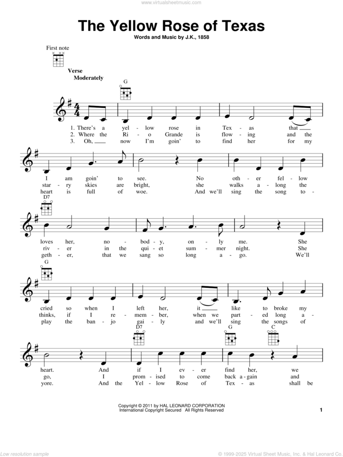 The Yellow Rose Of Texas sheet music for ukulele, intermediate skill level