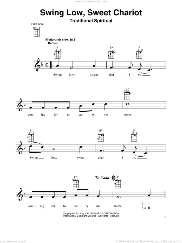 Swing Low, Sweet Chariot sheet music for ukulele, intermediate skill level