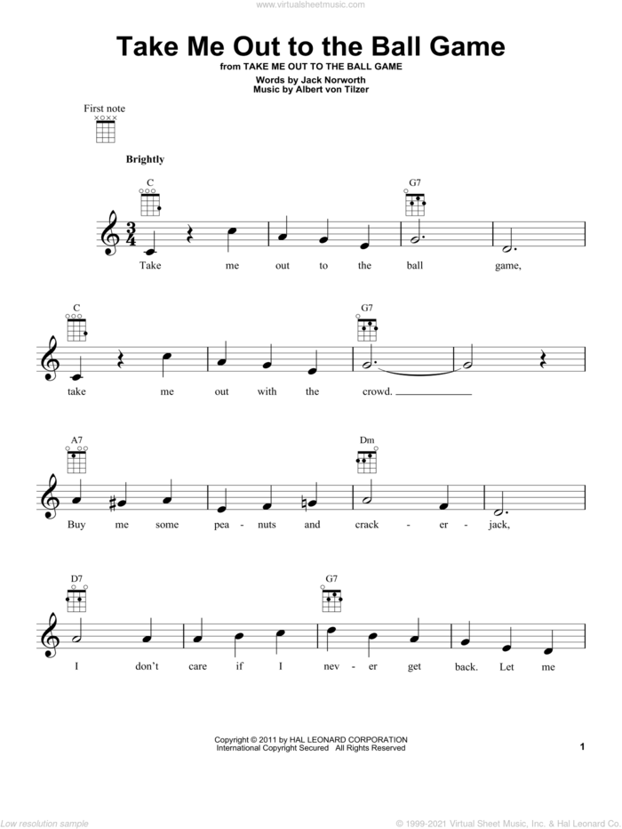 Take Me Out To The Ball Game sheet music for ukulele by Jack Norworth and Albert von Tilzer, intermediate skill level