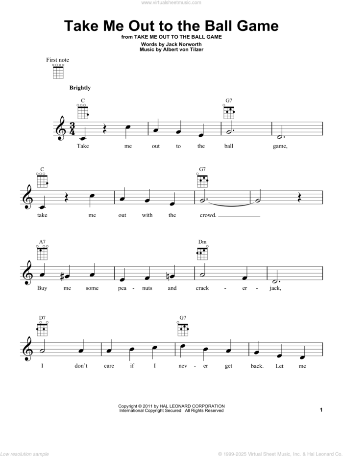 Take Me Out To The Ball Game sheet music for ukulele by Jack Norworth and Albert von Tilzer, intermediate skill level