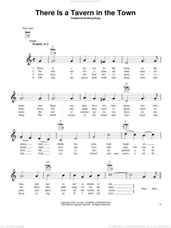 There Is A Tavern In The Town sheet music for ukulele, intermediate skill level