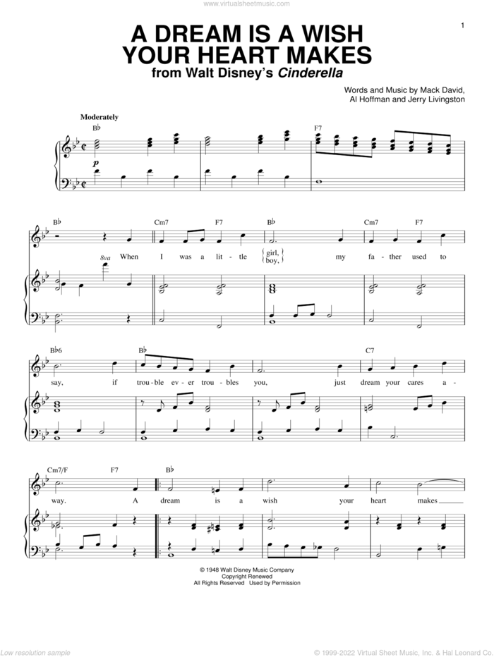 A Dream Is A Wish Your Heart Makes (from Cinderella) sheet music for voice and piano by Ilene Woods, Linda Ronstadt, Al Hoffman, Jerry Livingston and Mack David, wedding score, intermediate skill level