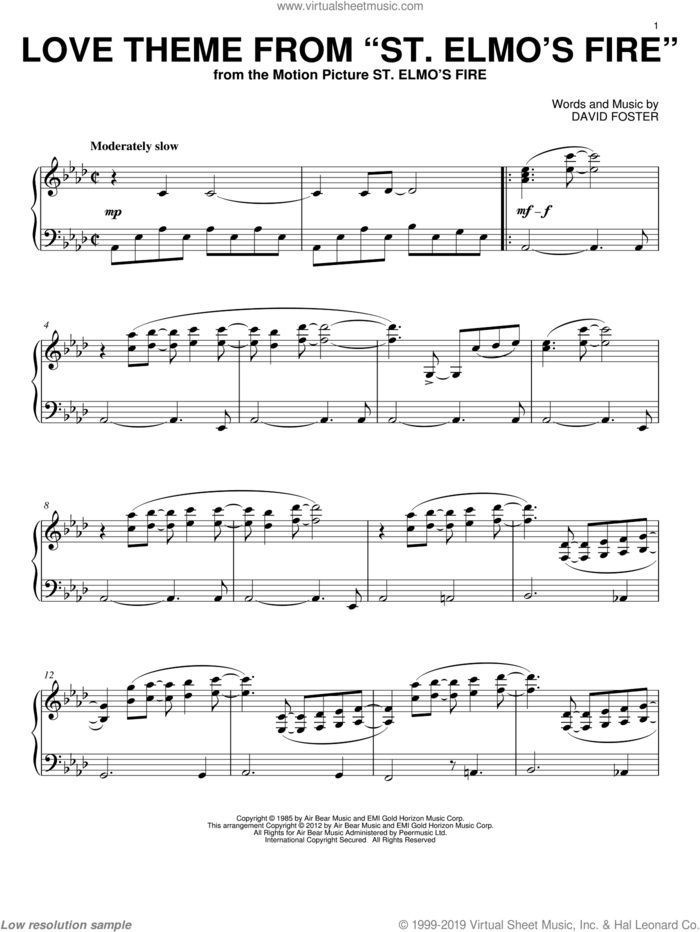 Love Theme From St. Elmo's Fire sheet music for piano solo by David Foster, intermediate skill level