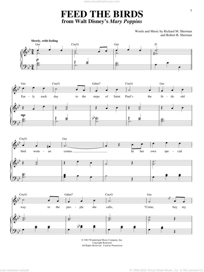 Feed The Birds (Tuppence A Bag) (from Mary Poppins) sheet music for voice and piano by Sherman Brothers, Julie Andrews, Mary Poppins (Movie), Richard M. Sherman and Robert B. Sherman, intermediate skill level