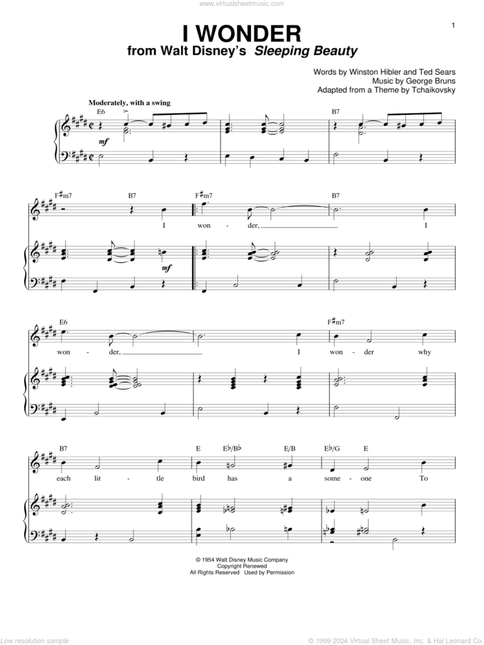 I Wonder sheet music for voice and piano by Mary Costa, George Bruns, Ted Sears and Winston Hibler, intermediate skill level