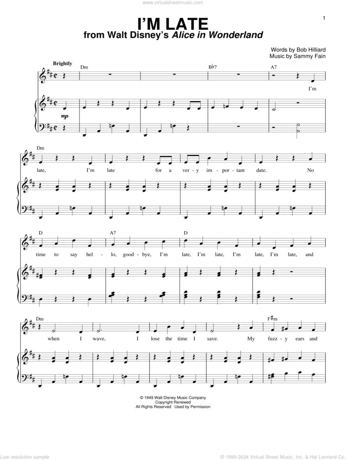 I'm Late (from Alice In Wonderland) sheet music for voice and piano by Sammy Fain and Bob Hilliard, intermediate skill level