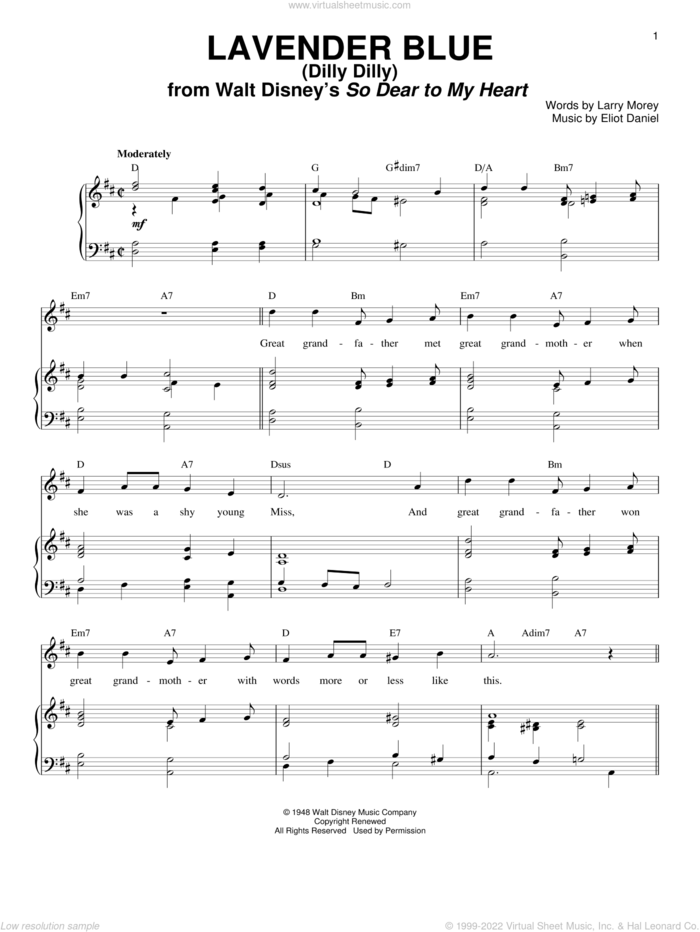 Lavender Blue (Dilly Dilly) (from So Dear To My Heart) sheet music for voice and piano by Burl Ives, Eliot Daniel and Larry Morey, intermediate skill level