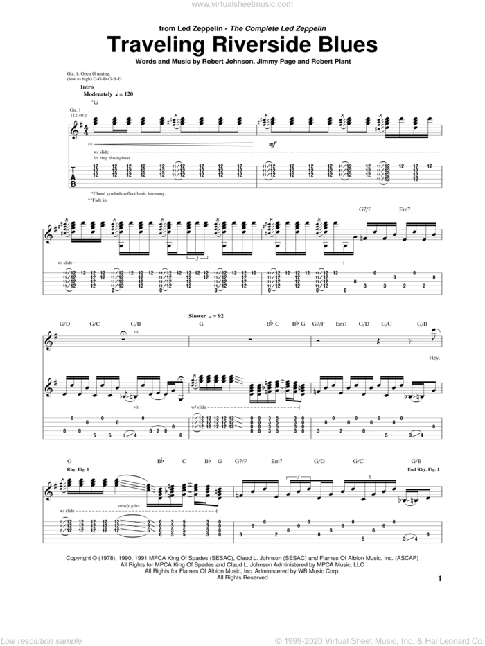 Traveling Riverside Blues sheet music for guitar (tablature) by Led Zeppelin, Jimmy Page, Robert Johnson and Robert Plant, intermediate skill level