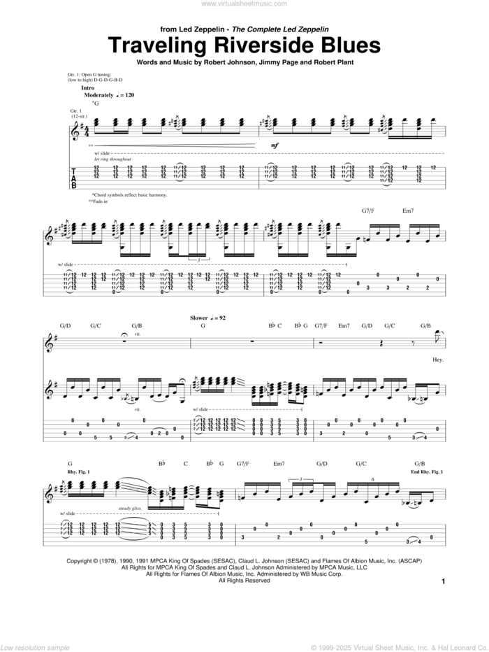 Traveling Riverside Blues sheet music for guitar (tablature) by Led Zeppelin, Jimmy Page, Robert Johnson and Robert Plant, intermediate skill level