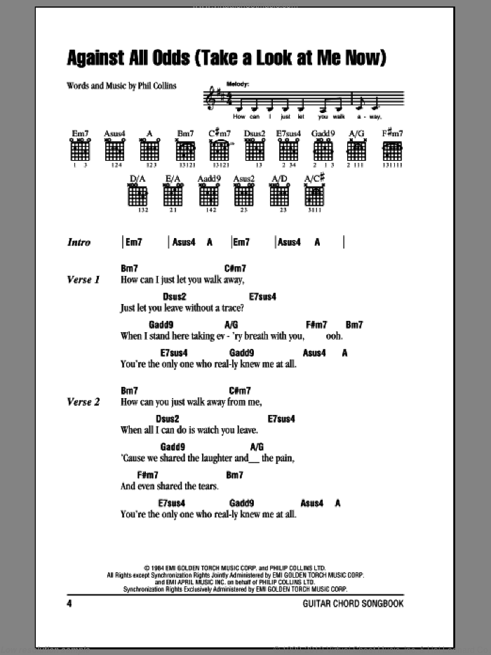 Against All Odds (Take A Look At Me Now) sheet music for guitar (chords) by Phil Collins, intermediate skill level
