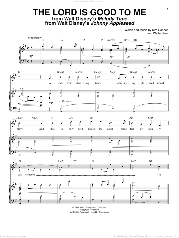 The Lord Is Good To Me (from Johnny Appleseed) sheet music for voice and piano by Kim Gannon and Walter Kent, intermediate skill level