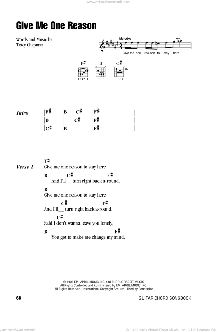 Give Me One Reason sheet music for guitar (chords) by Tracy Chapman, intermediate skill level
