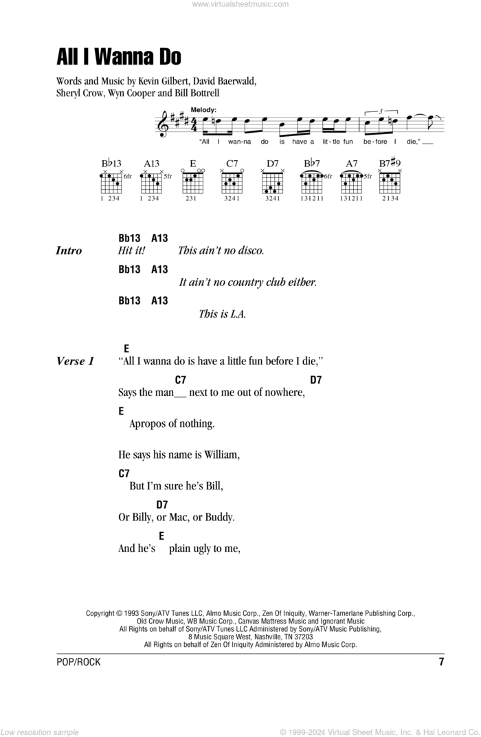 All I Wanna Do sheet music for guitar (chords) by Sheryl Crow, Bill Bottrell, David Baerwald, Kevin Gilbert and Wyn Cooper, intermediate skill level