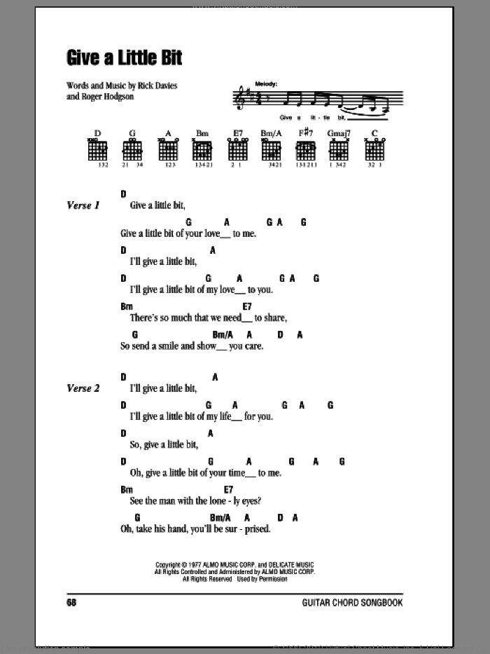 Give A Little Bit sheet music for guitar (chords) by Supertramp, Goo Goo Dolls, Rick Davies and Roger Hodgson, intermediate skill level