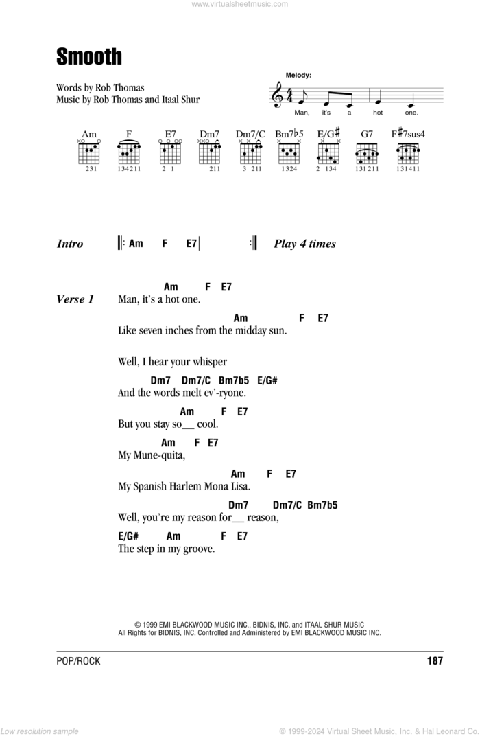 Smooth (feat. Rob Thomas) sheet music for guitar (chords) by Santana featuring Rob Thomas, Carlos Santana, Itaal Shur and Rob Thomas, intermediate skill level