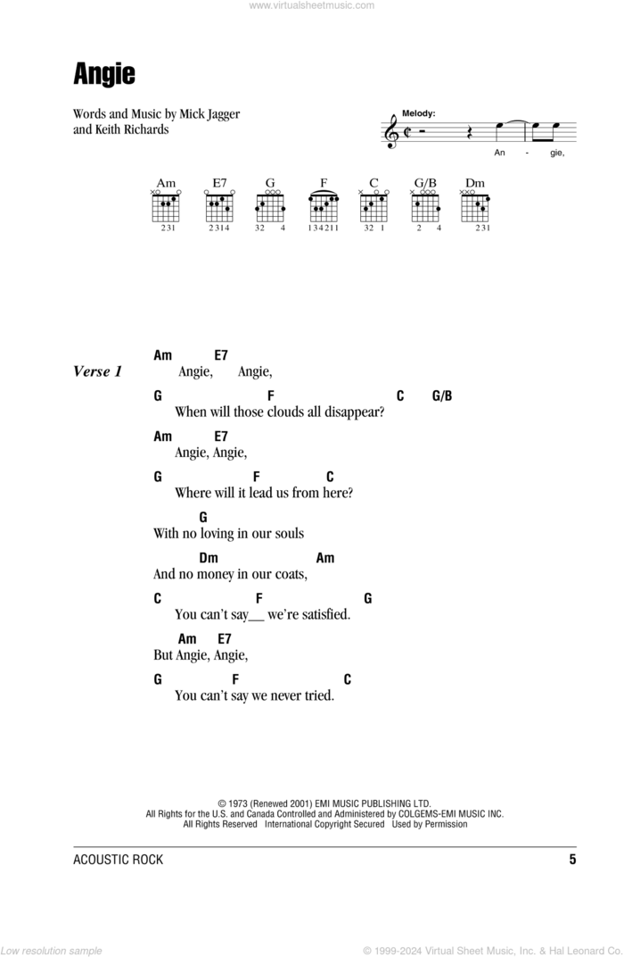 Angie sheet music for guitar (chords) by The Rolling Stones, Keith Richards and Mick Jagger, intermediate skill level