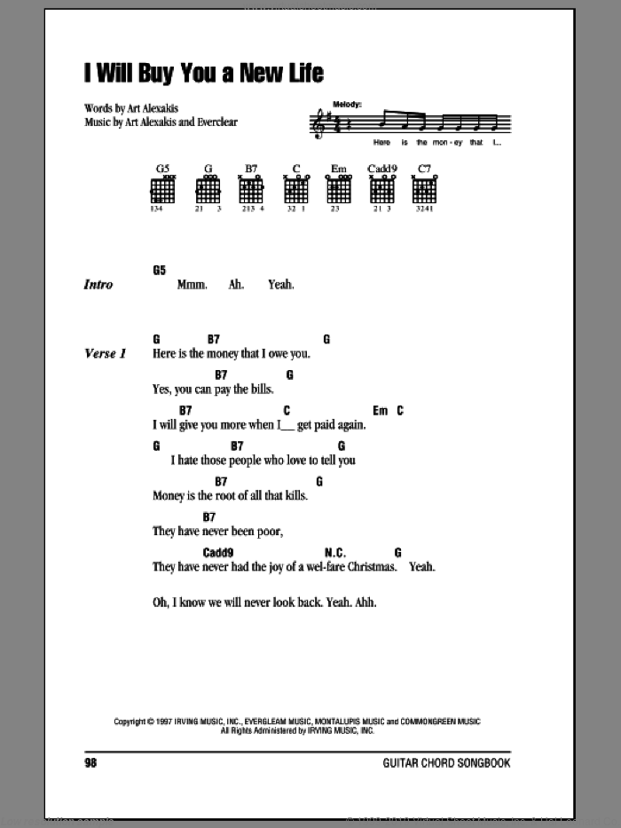 I Will Buy You A New Life sheet music for guitar (chords) by Everclear and Art Alexakis, intermediate skill level