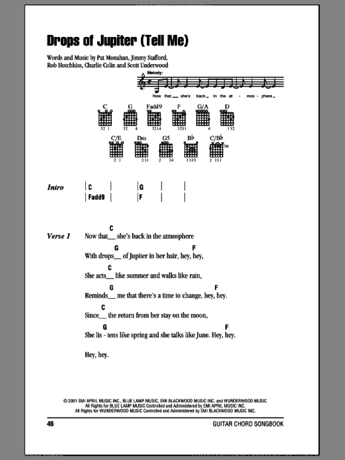 Drops Of Jupiter (Tell Me) sheet music for guitar (chords) by Train, Charlie Colin, Jimmy Stafford, Pat Monahan, Rob Hotchkiss and Scott Underwood, intermediate skill level