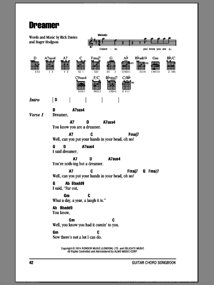 Dreamer sheet music for guitar (chords) by Supertramp, Rick Davies and Roger Hodgson, intermediate skill level