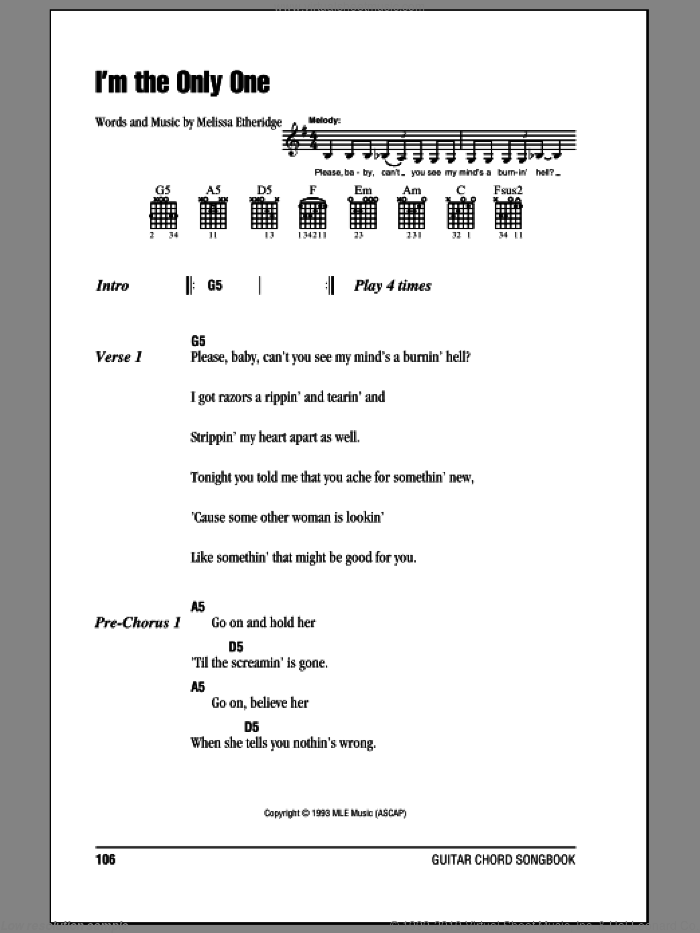 I'm The Only One sheet music for guitar (chords) by Melissa Etheridge, intermediate skill level
