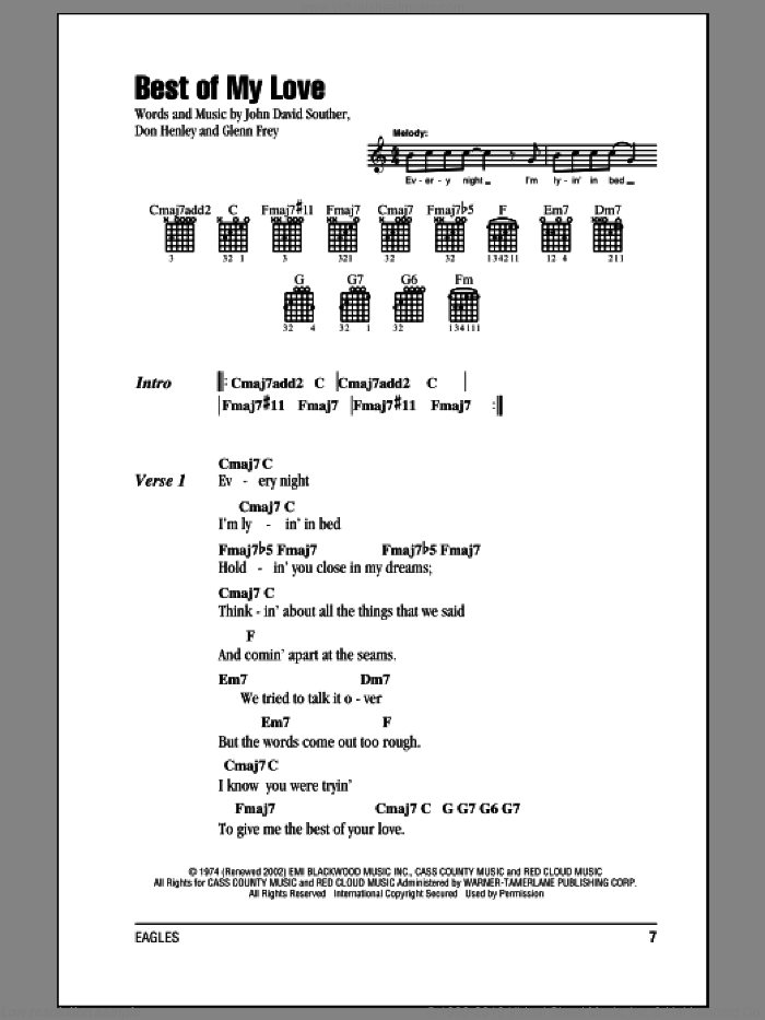 Best Of My Love sheet music for guitar (chords) by Don Henley, The Eagles, Glenn Frey and John David Souther, intermediate skill level