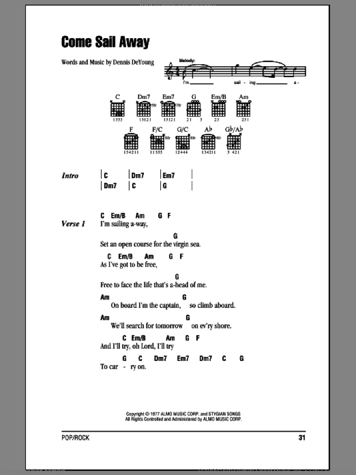 Come Sail Away sheet music for guitar (chords) by Styx and Dennis DeYoung, intermediate skill level