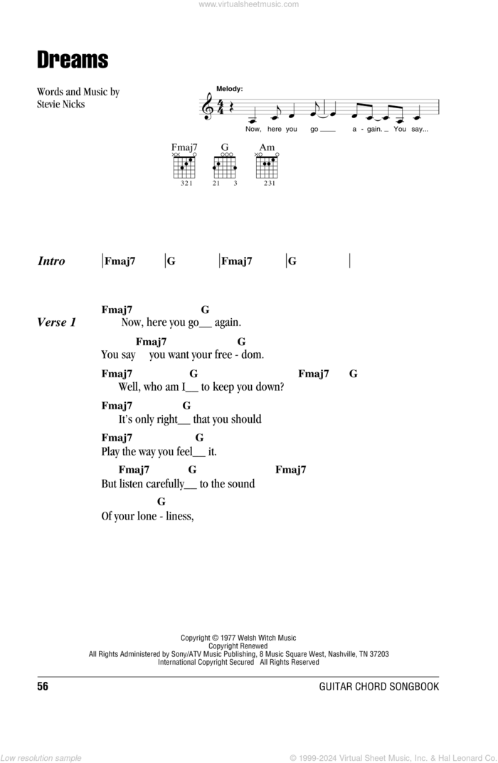 Dreams sheet music for guitar (chords) by Fleetwood Mac and Stevie Nicks, intermediate skill level