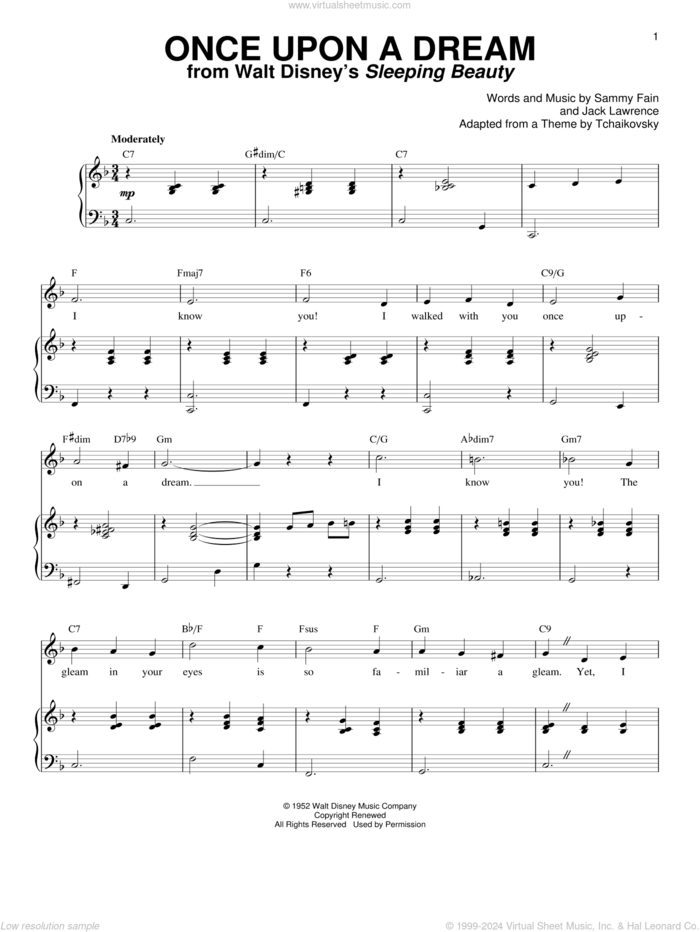 Once Upon A Dream sheet music for voice and piano by Sammy Fain, Mary Costa and Jack Lawrence, intermediate skill level