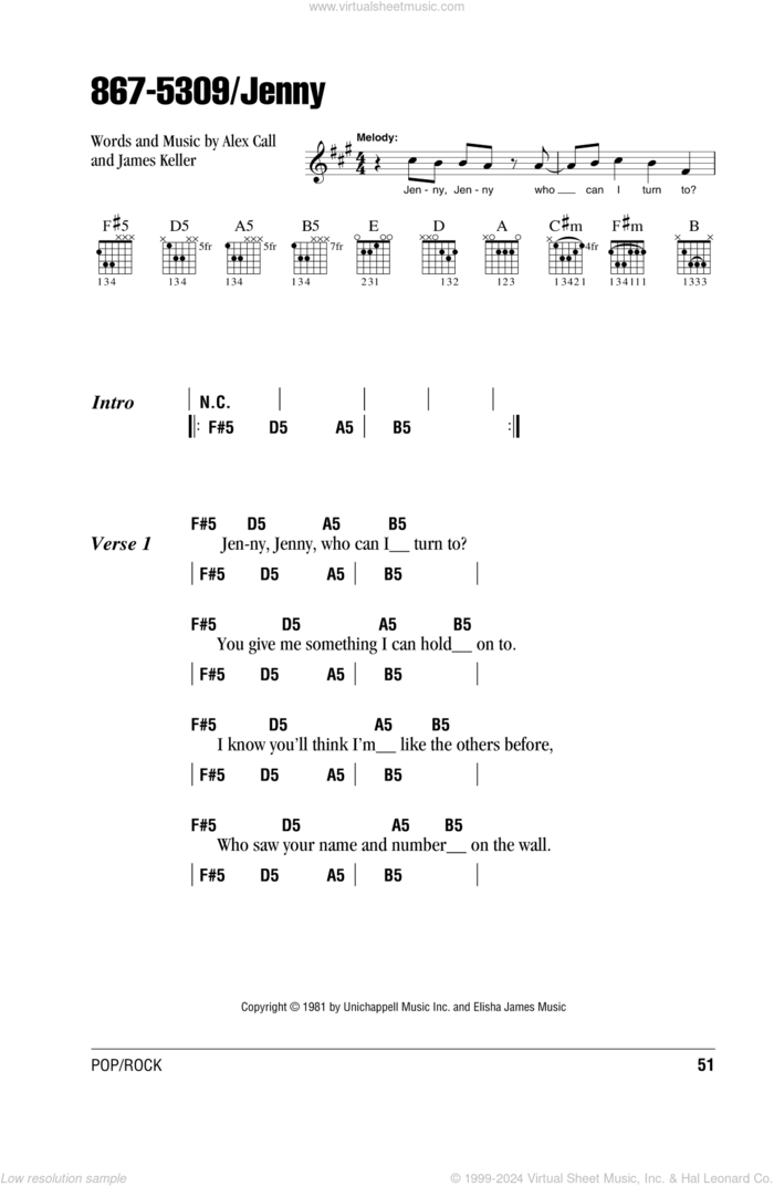 867-5309/Jenny sheet music for guitar (chords) by Tommy Tutone, Alex Call and James Keller, intermediate skill level