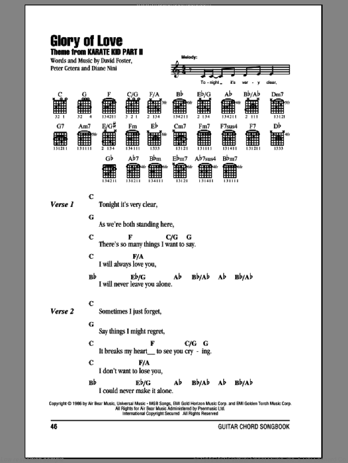 Glory Of Love sheet music for guitar (chords) by Peter Cetera, David Foster and Diane Nini, wedding score, intermediate skill level