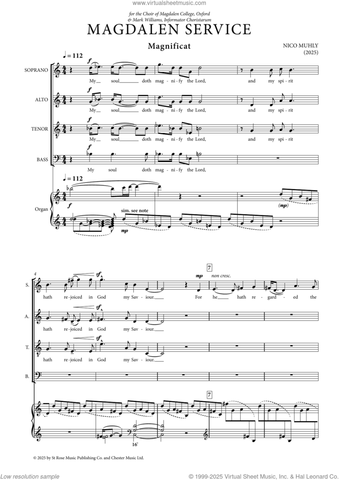 Magdalen Service sheet music for choir (SATB: soprano, alto, tenor, bass) by Nico Muhly, classical score, intermediate skill level