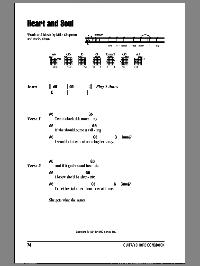Heart And Soul sheet music for guitar (chords) by Huey Lewis & The News, Mike Chapman and Nicky Chinn, intermediate skill level