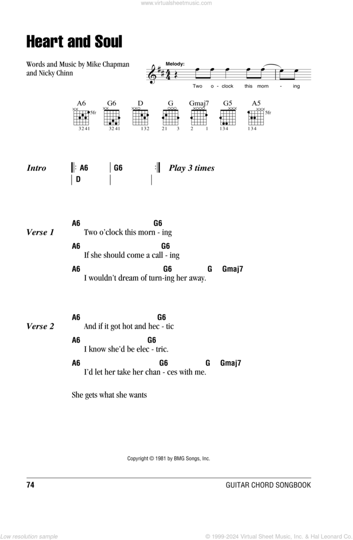 Heart And Soul sheet music for guitar (chords) by Huey Lewis & The News, Mike Chapman and Nicky Chinn, intermediate skill level