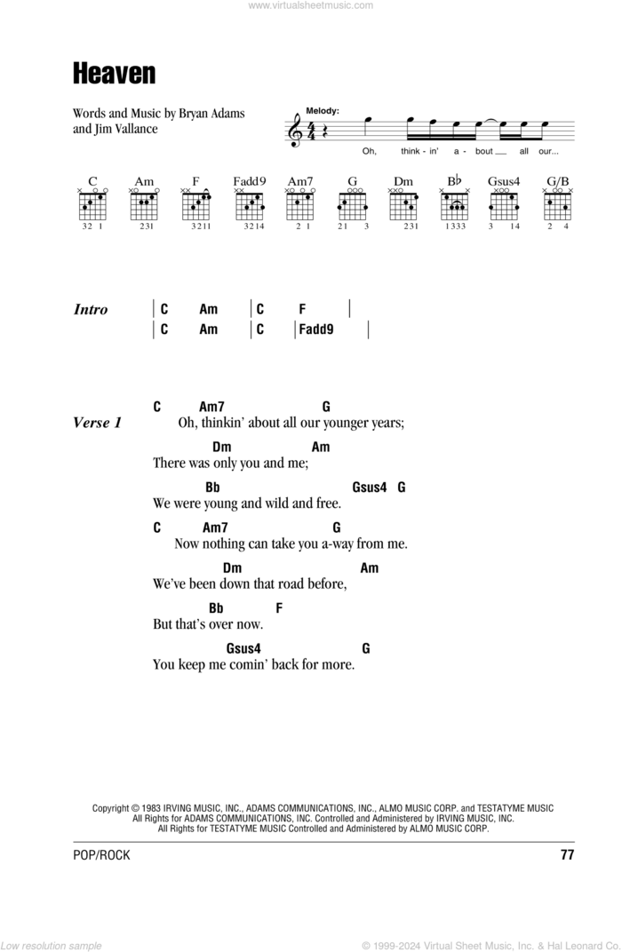 Heaven sheet music for guitar (chords) by Bryan Adams, DJ Sammy and Jim Vallance, intermediate skill level