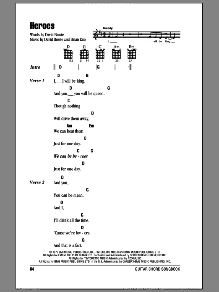 Heroes sheet music for guitar (chords) by David Bowie, The Wallflowers and Brian Eno, intermediate skill level
