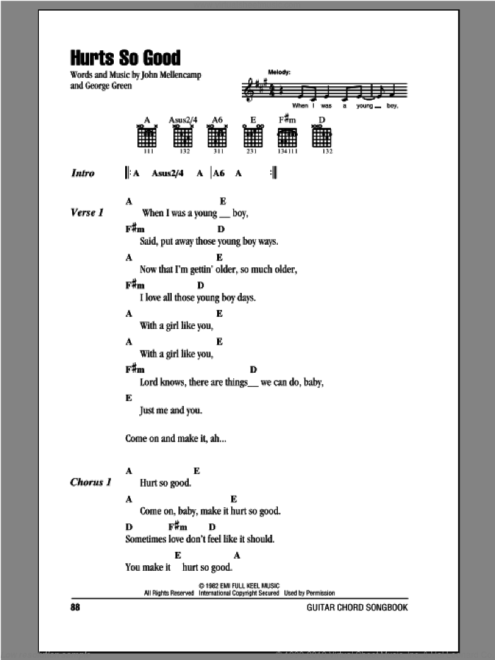 Hurts So Good sheet music for guitar (chords) by John Mellencamp and George Green, intermediate skill level