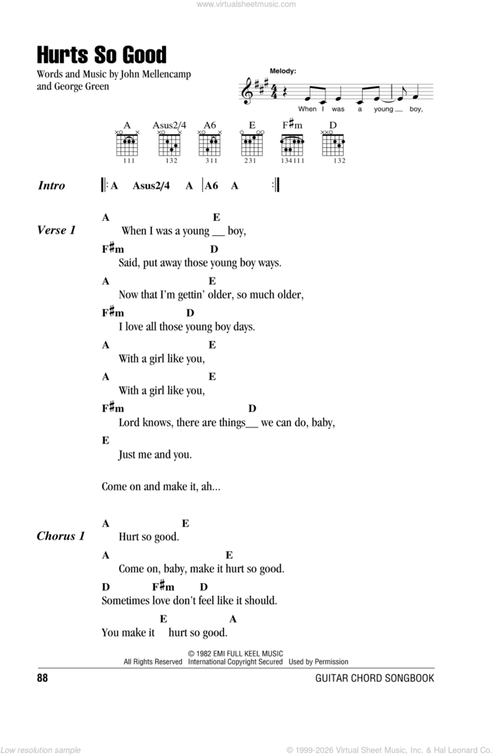 Hurts So Good sheet music for guitar (chords) by John Mellencamp and George Green, intermediate skill level