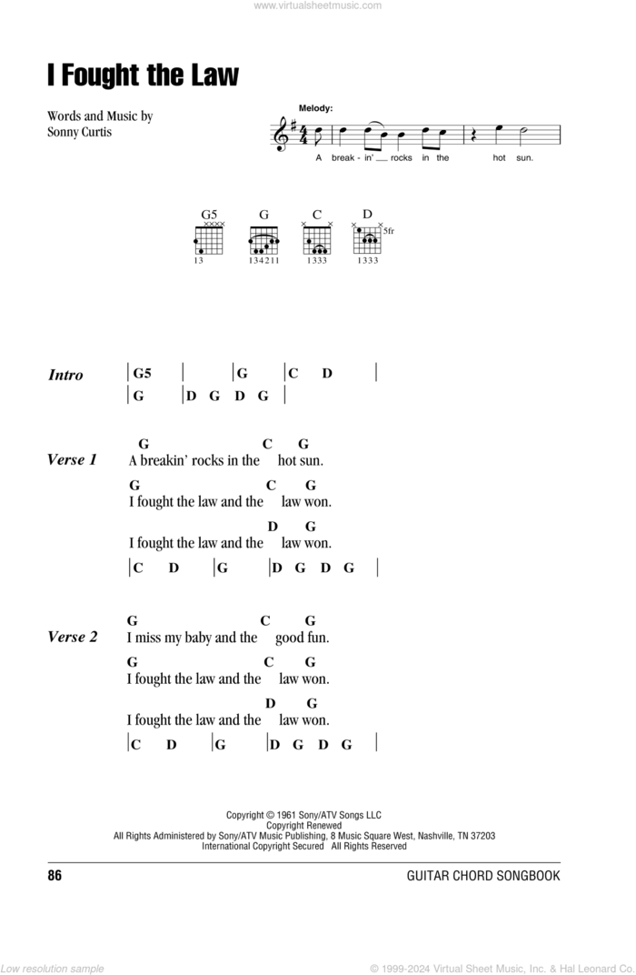 I Fought The Law sheet music for guitar (chords) by The Clash, Bobby Fuller Four and Sonny Curtis, intermediate skill level