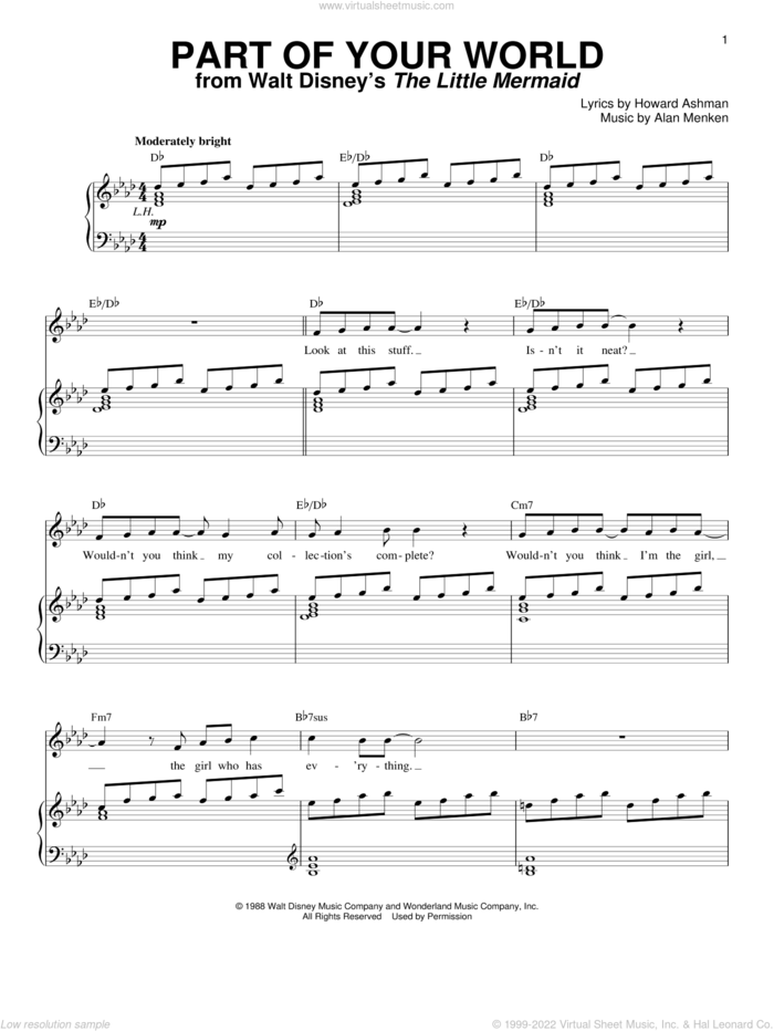 Part Of Your World (from The Little Mermaid) sheet music for voice and piano by Alan Menken, The Little Mermaid (Movie) and Howard Ashman, intermediate skill level