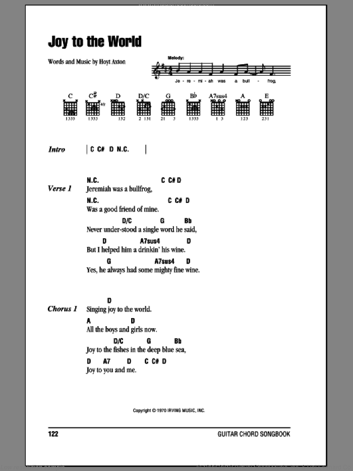 Joy To The World sheet music for guitar (chords) by Three Dog Night and Hoyt Axton, intermediate skill level