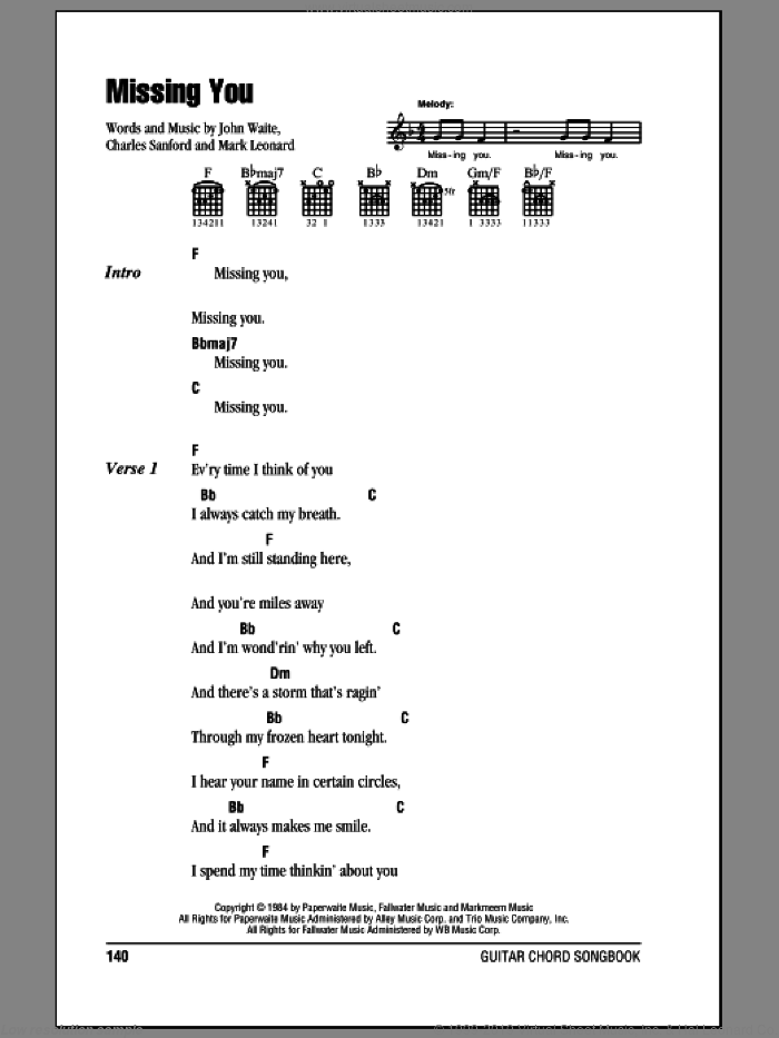 Missing You sheet music for guitar (chords) by John Waite, Brooks & Dunn, Charles Sanford and Mark Leonard, intermediate skill level