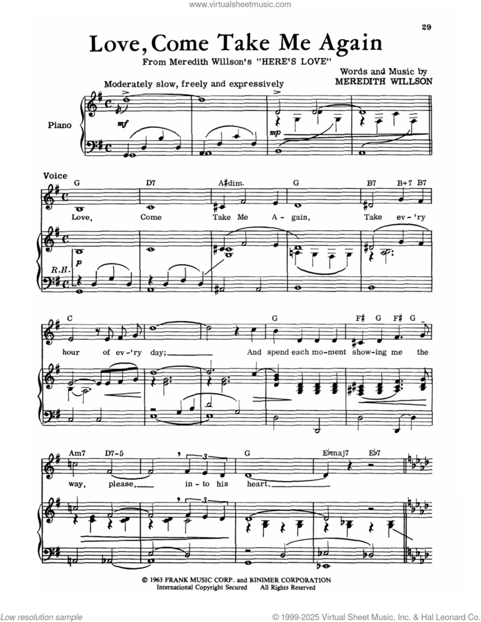 Love, Come Take Me Again (from Here's Love) sheet music for voice and piano by Meredith Willson, intermediate skill level
