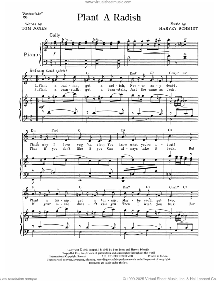 Plant A Radish (from The Fantasticks) sheet music for voice and piano by Tom Jones and Harvey Schmidt, intermediate skill level
