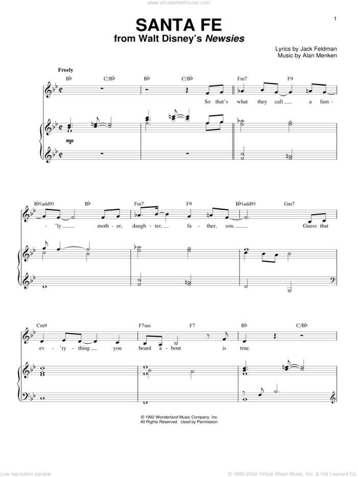 Santa Fe sheet music for voice and piano by Alan Menken, Newsies (Musical) and Jack Feldman, intermediate skill level