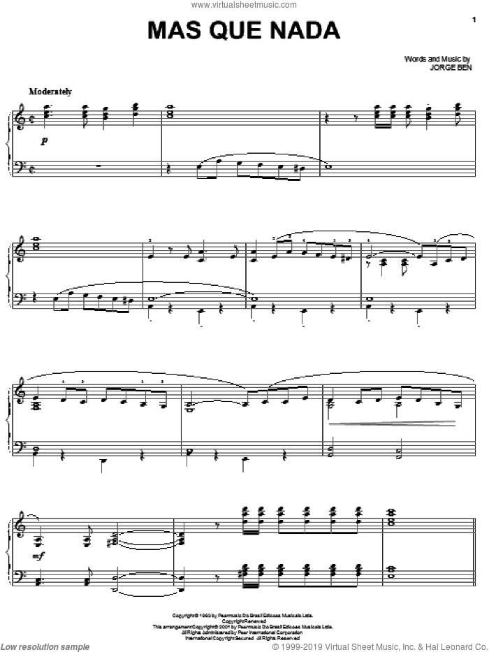 Mas Que Nada, (intermediate) sheet music for piano solo by Sergio Mendes and Jorge Ben, intermediate skill level