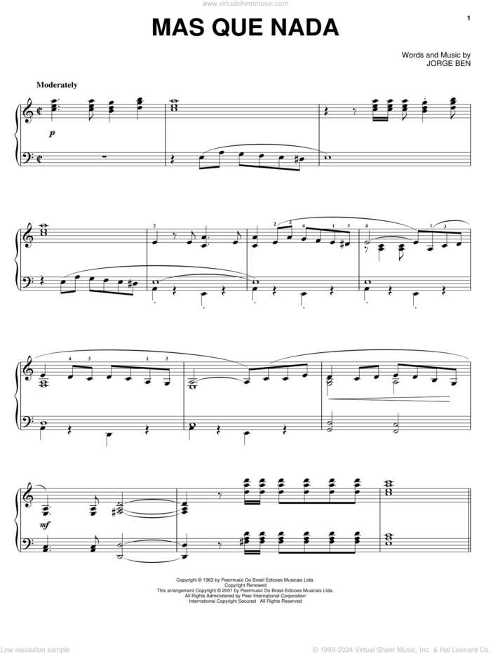 Mas Que Nada, (intermediate) sheet music for piano solo by Sergio Mendes and Jorge Ben, intermediate skill level