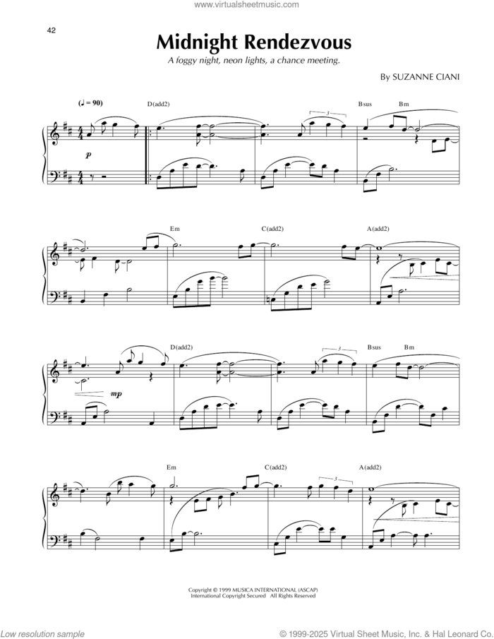 Midnight Rendezvous sheet music for piano solo by Suzanne Ciani, intermediate skill level