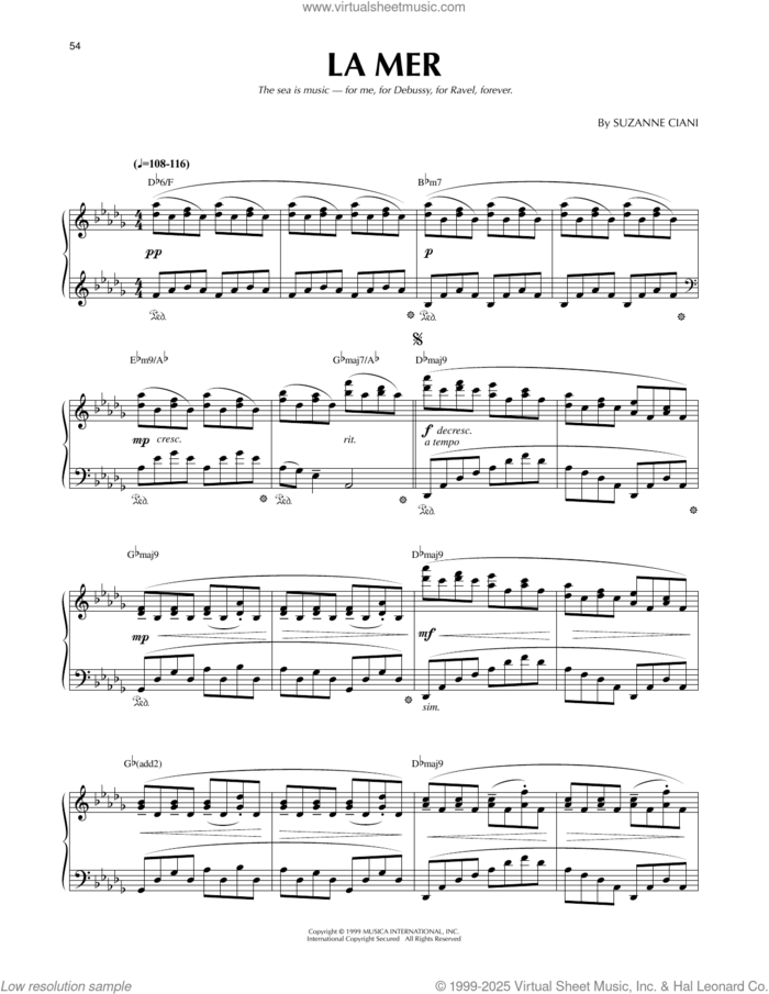 La Mer sheet music for piano solo by Suzanne Ciani, intermediate skill level